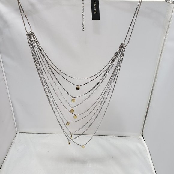 CACHE multi-layered 9-strand layered silver necklace with gold charms - Picture 1 of 9